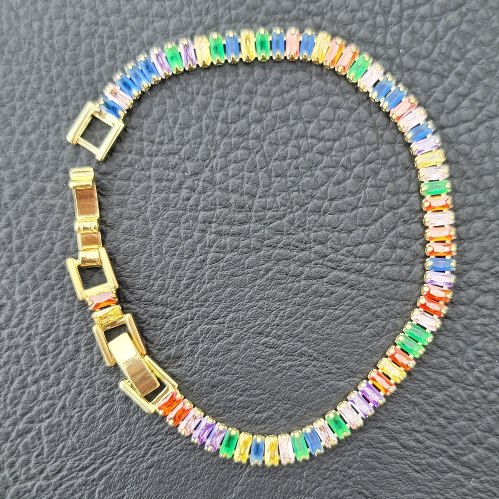 Multi Color Rainbow Crystal Tennis Bracelet, Goldtone With Foldover Clasp